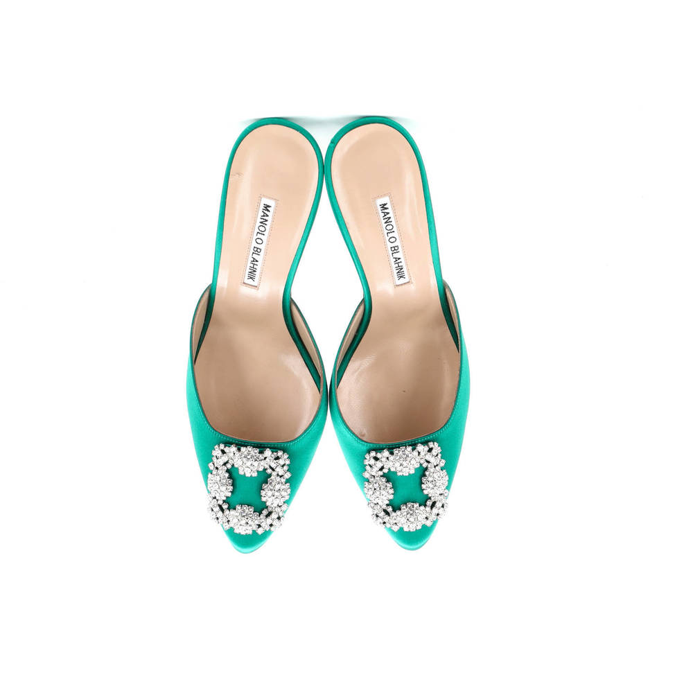 Manolo Blahnik 70 Women's Hangisimu Heeled Mules Satin - Picture 2 of 5